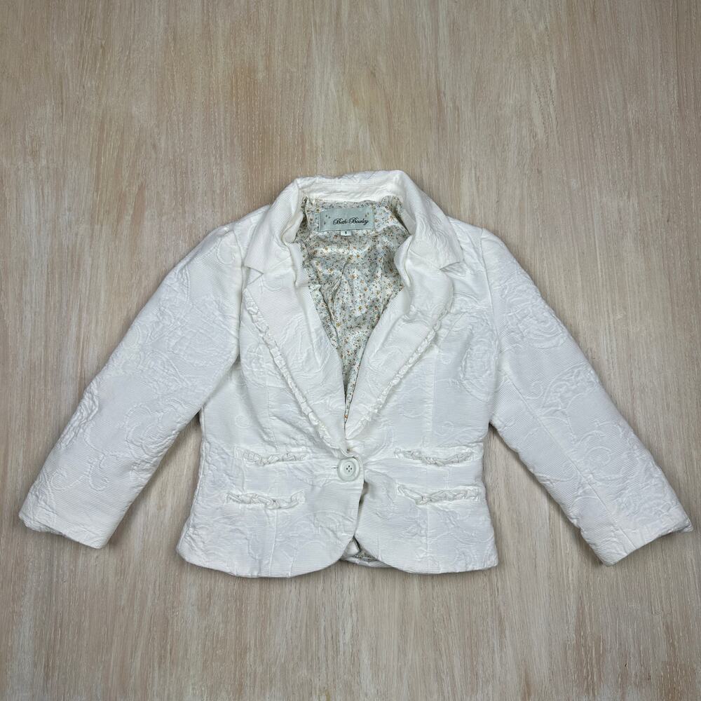 Beth Bowley White Feminine Floral Textured Office Singe Button Blazer Jacket 6